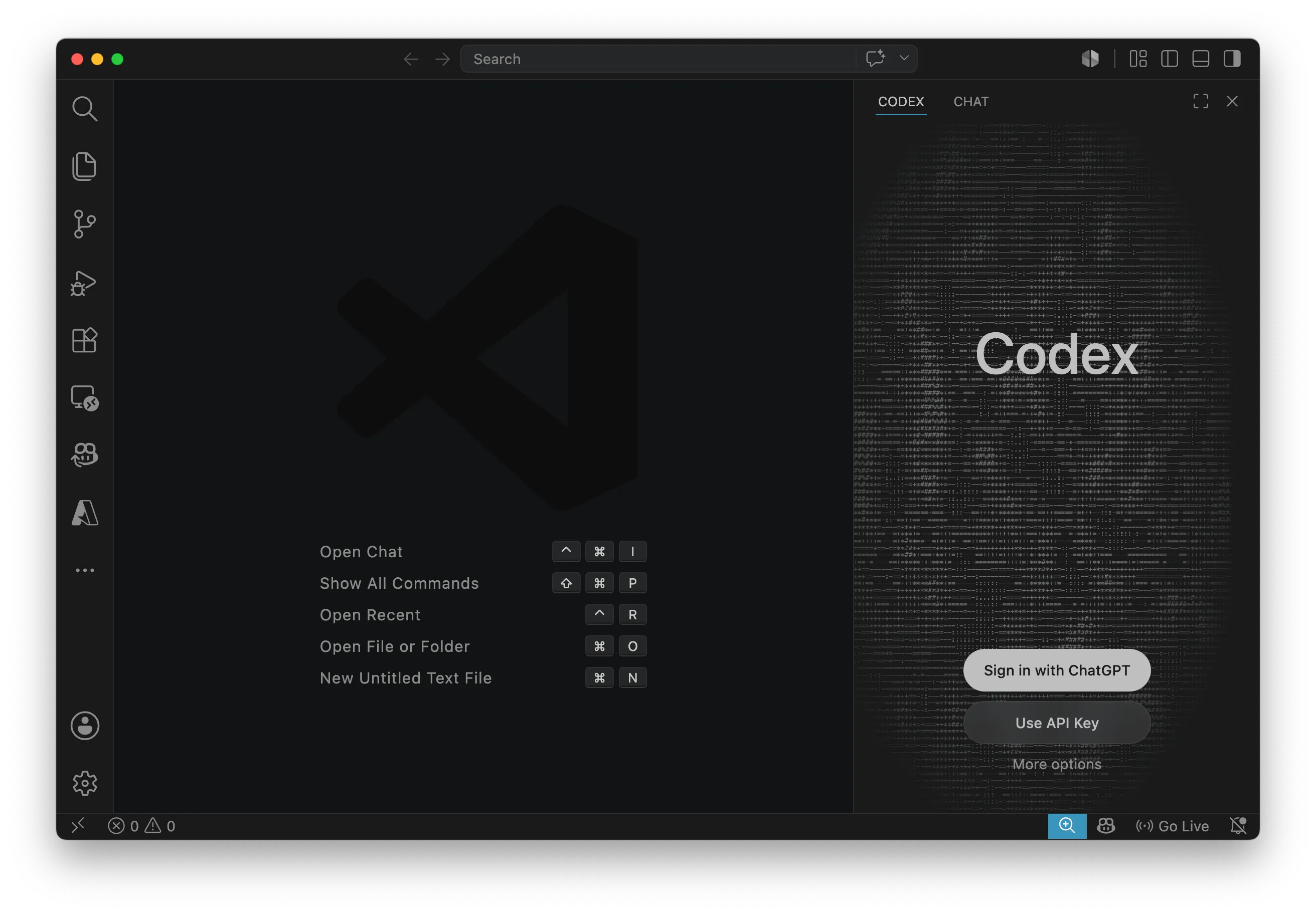 VS Code with the Codex sidebar panel open on the right-hand side.